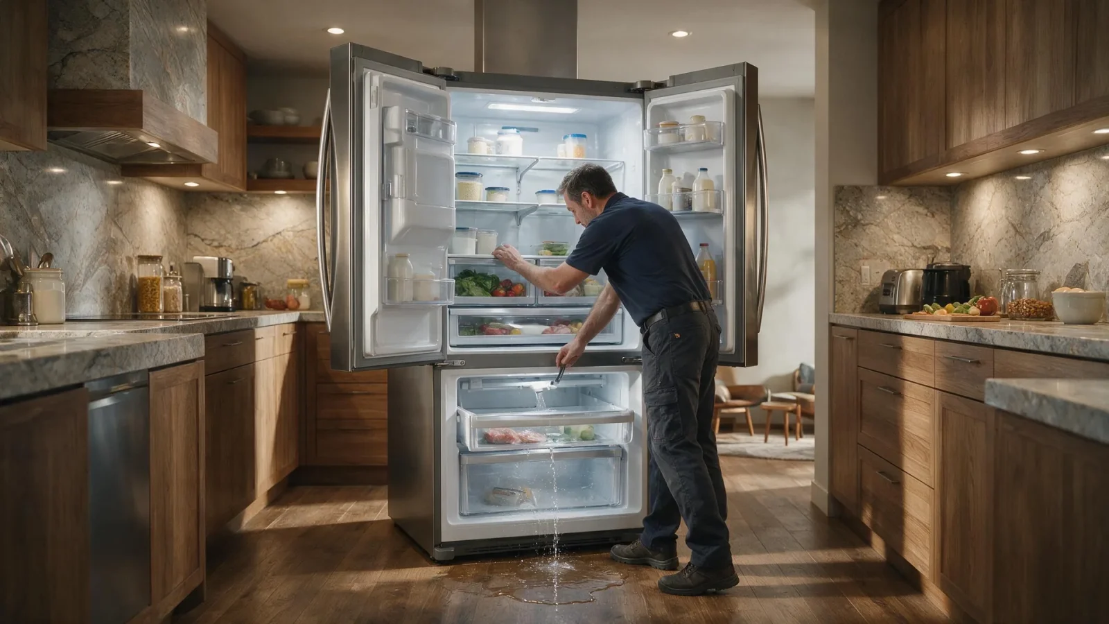 Refrigerator leaking water inside in a premium kitchen
