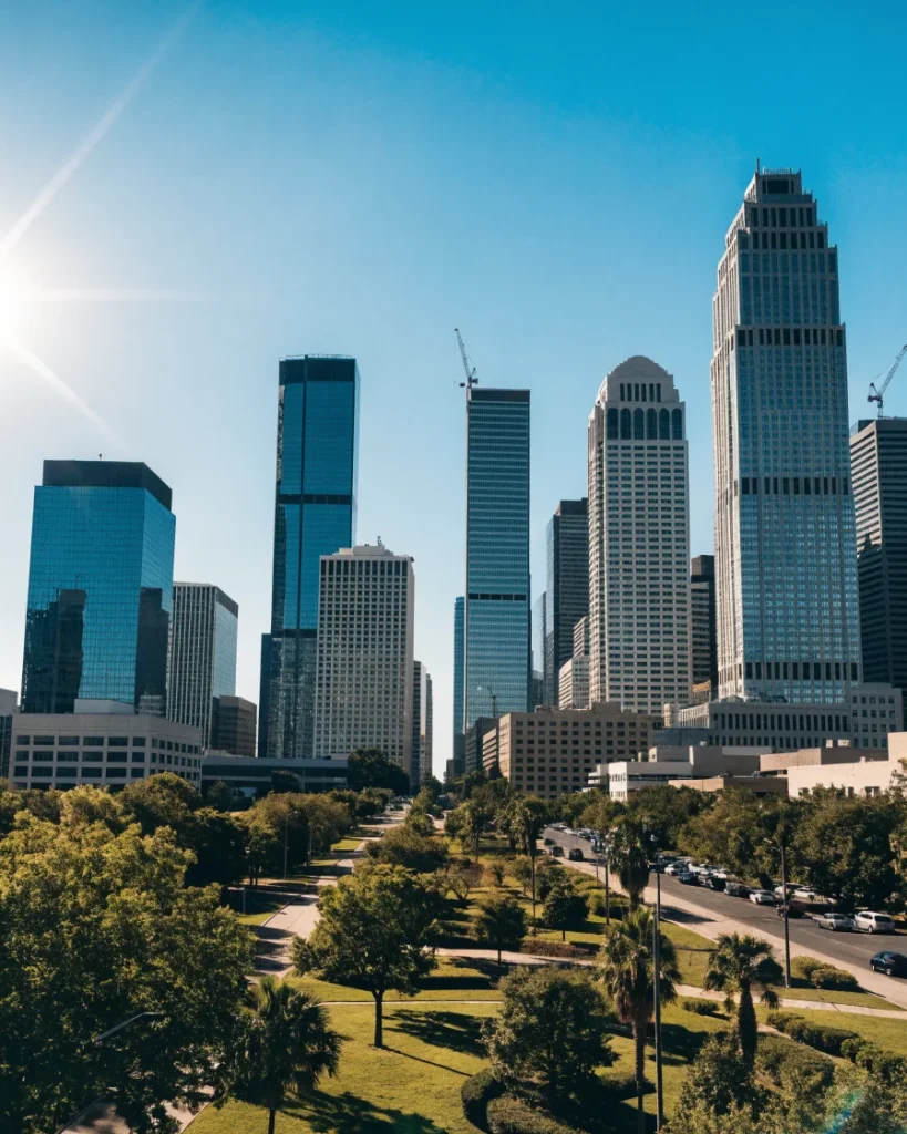 Houston downtown skyline viewed across a landscaped urban park
