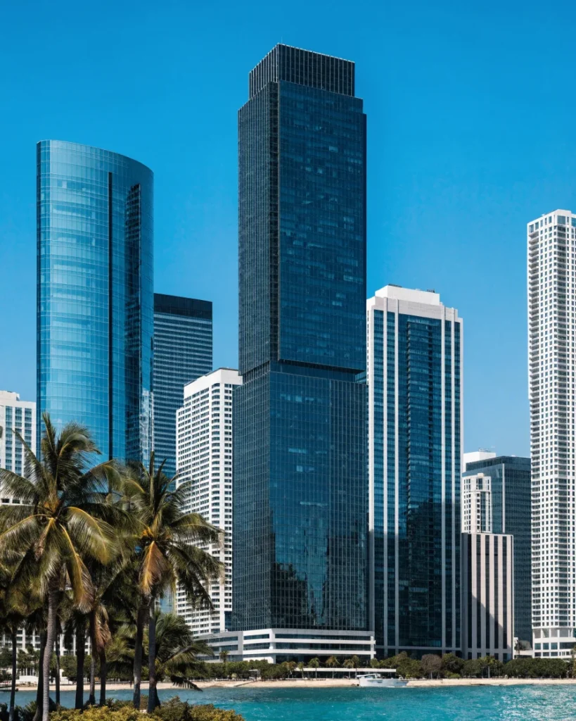Miami skyline with waterfront and palm trees